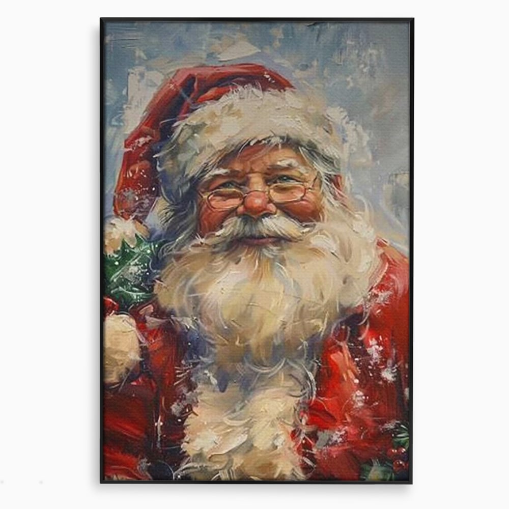 Tablou canvas cu pictura portret mos craciun cu ochelari, in rama de aluminiu negru